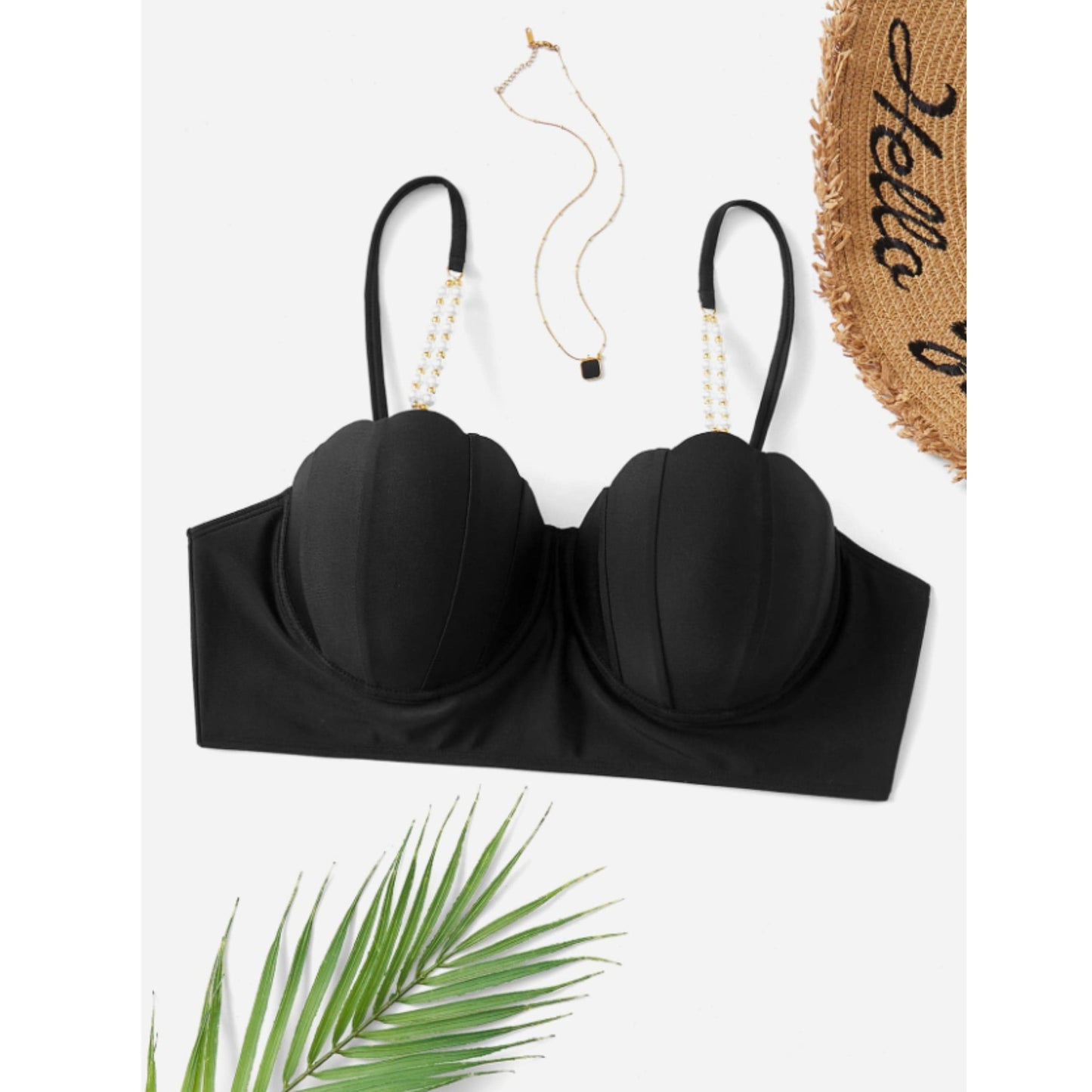 SHEIN Shein Womens Swimwear XXXXXL / Black SHEIN - Scalloped faux pearl bikini top