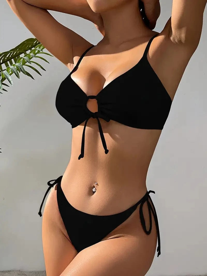 SHEIN Shein Womens Swimwear M / Black SHEIN - Side Rib Tie Two Pieces Swimwear