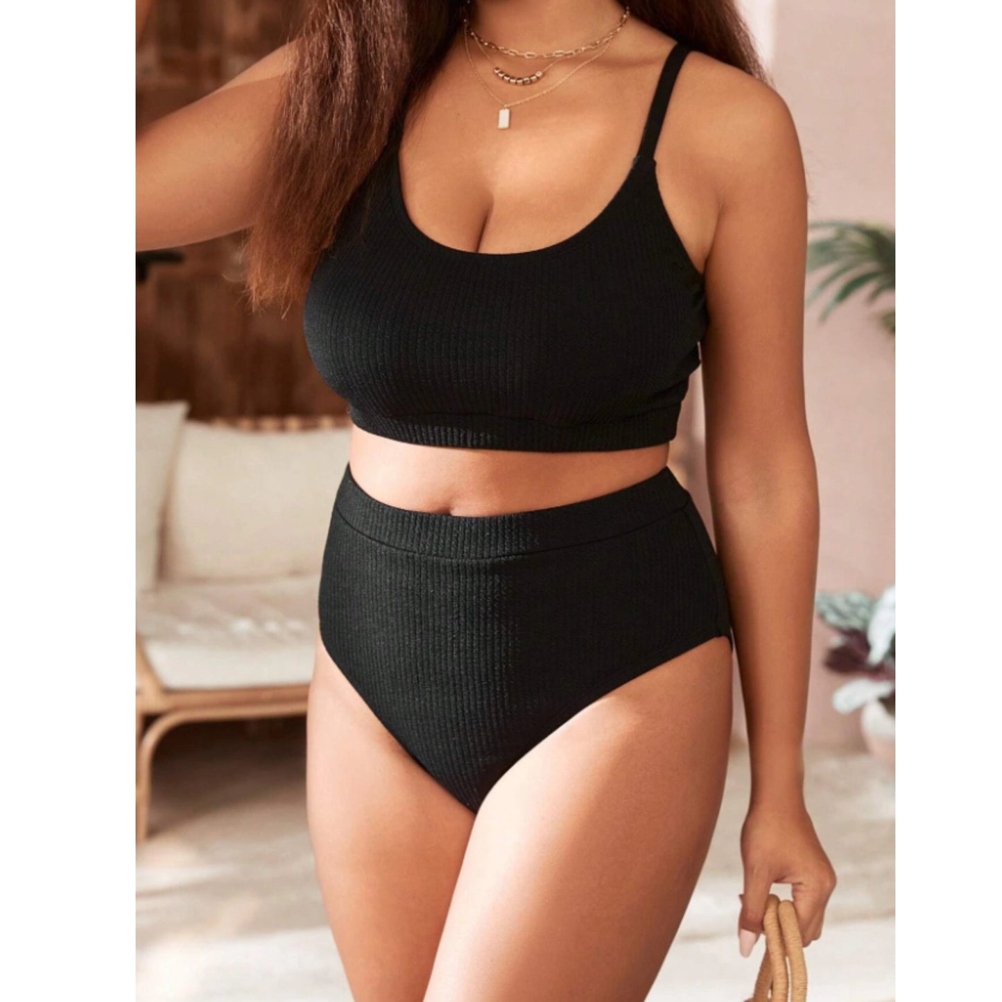 SHEIN Shein Womens Swimwear XXXXL / Black SHEIN - Solid High Waisted Bikini Set