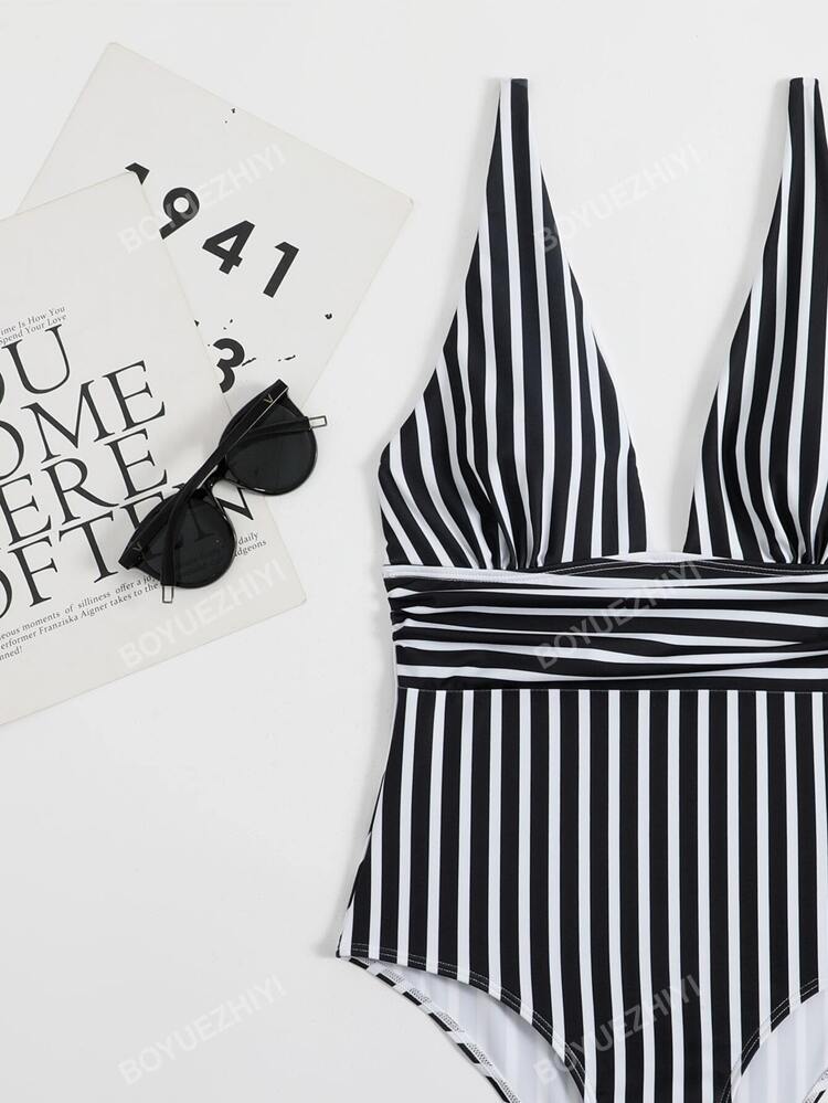 SHEIN Shein Womens Swimwear L / Multi-Color SHEIN - Striped Plunging One Piece Swimsuit