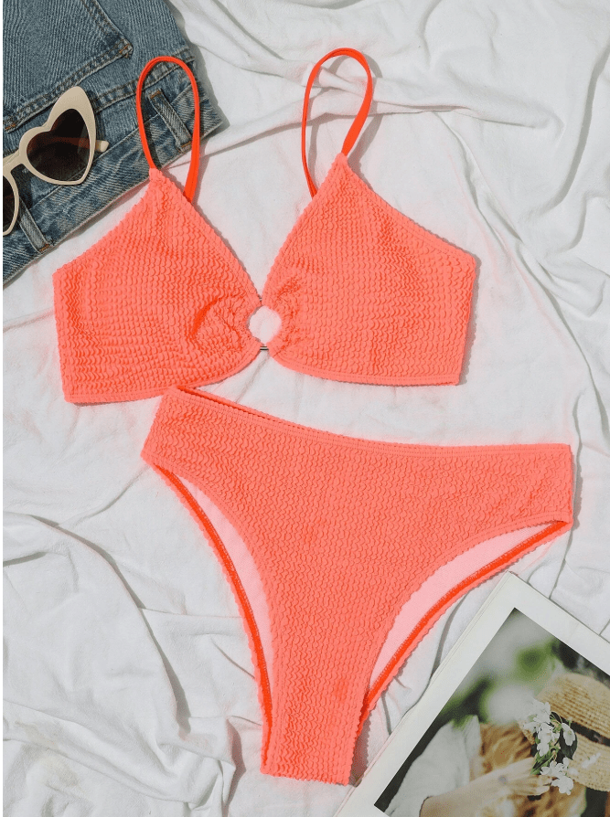 SHEIN Shein Womens Swimwear M / Coral SHEIN - Swim Tight O-Ring Detail Cami Bra & Bikini Bottoms 2 Piece Swimsuit