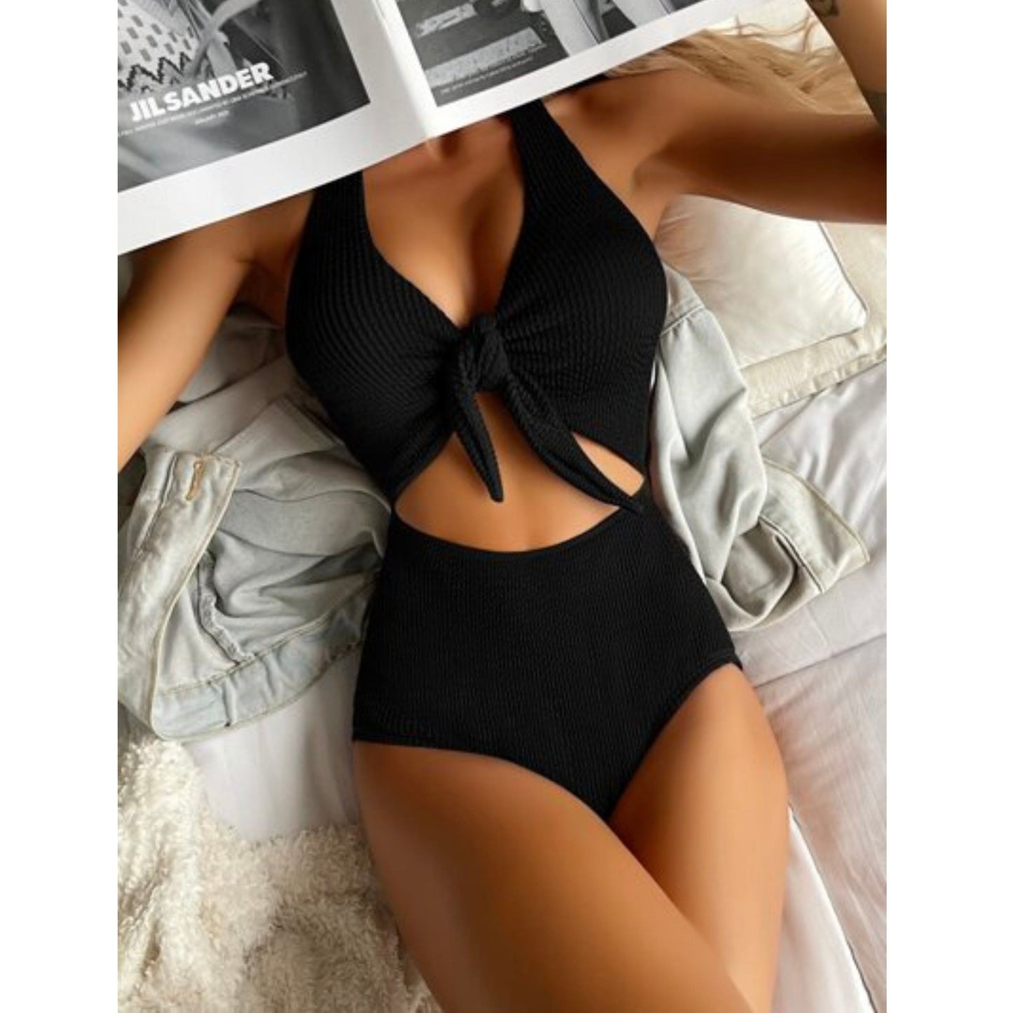 SHEIN Shein Womens Swimwear S / Black SHEIN - Textured Knot Front One-Piece Swimsuit