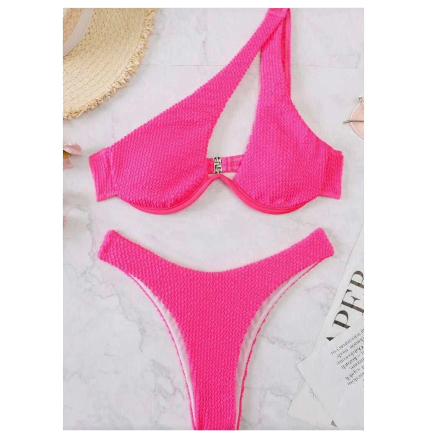 SHEIN Shein Womens Swimwear M / Pink SHEIN - Textured one shoulder bikini