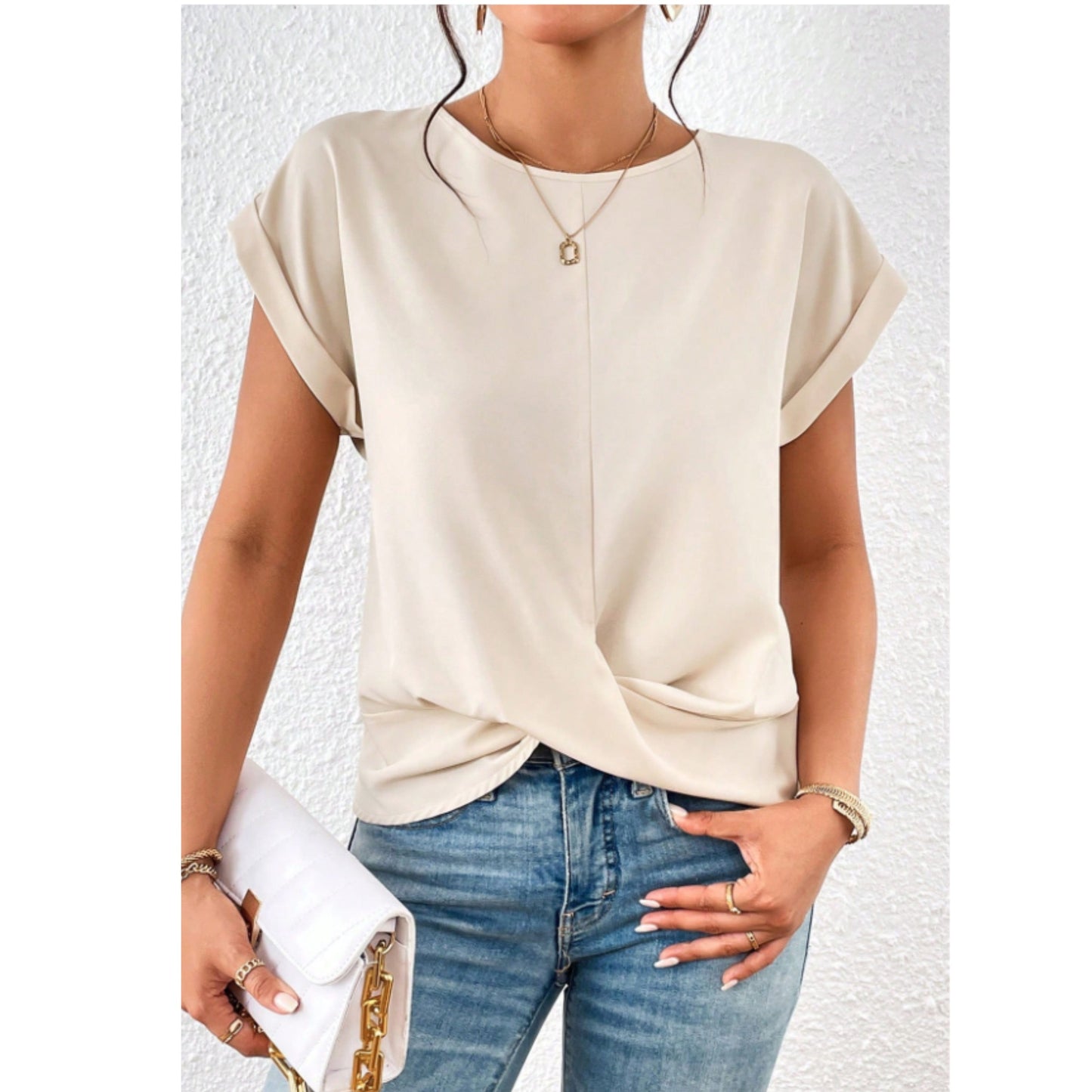 SHEIN Shein Womens Tops M / Beige SHEIN - Crew neck tied design blouse