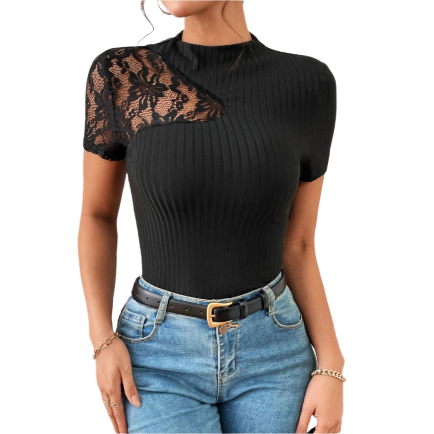 SHEIN Shein Womens Tops XL / Black SHEIN - Lace Stand Collar T-Shirt