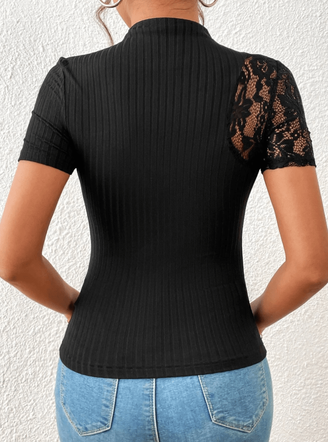 SHEIN Shein Womens Tops XL / Black SHEIN - Lace Stand Collar T-Shirt