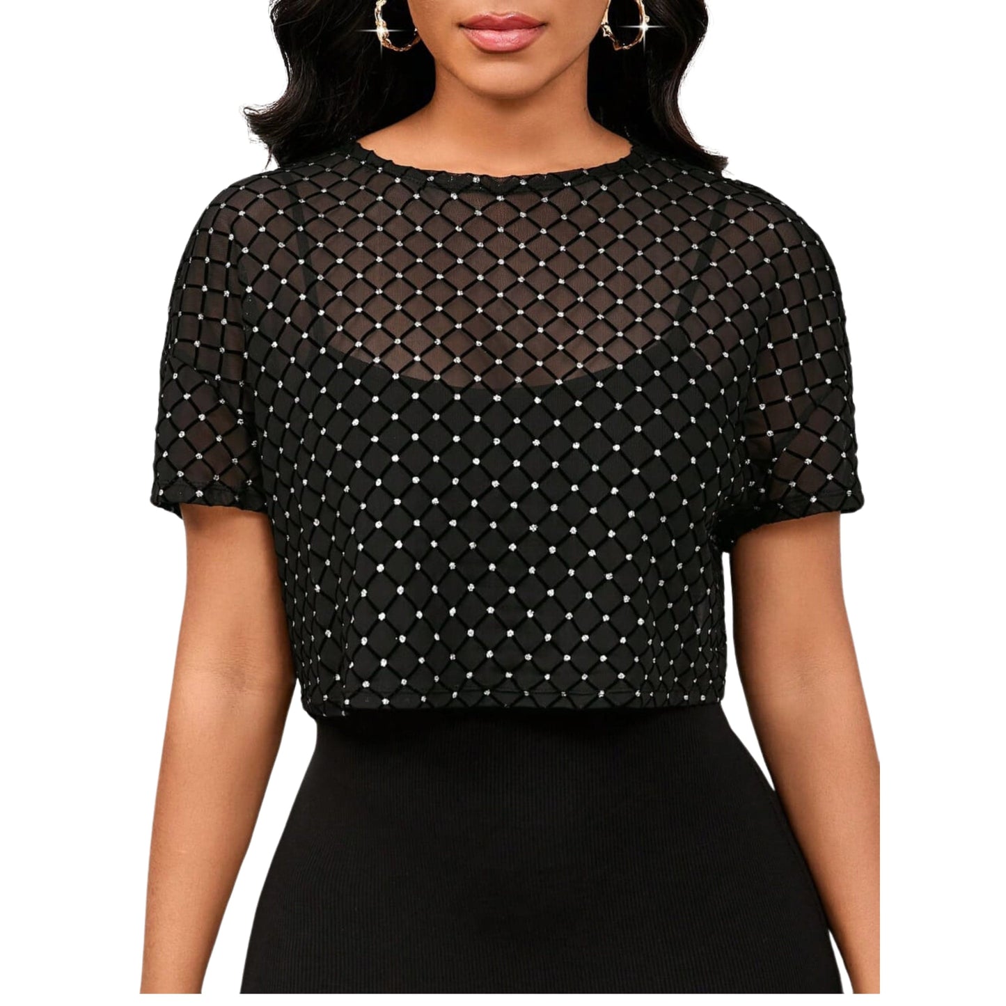 SHEIN Shein Womens Tops L / Black SHEIN - Semi-Sheer Short Sleeve Diamond Top