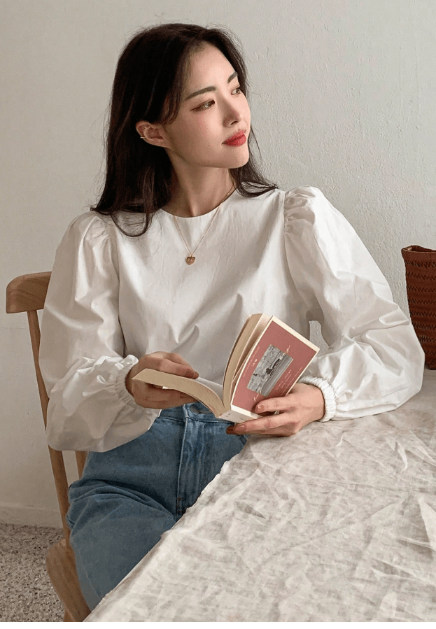 SHEIN Shein Womens Tops L / White SHEIN - Solid Color Puff Sleeve Daily Blouse