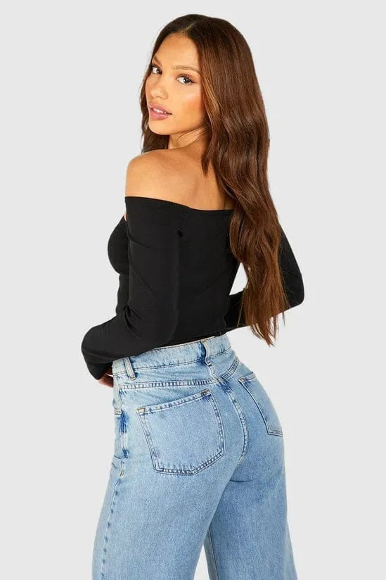 SHEIN Shein Womens Tops XS / Black SHEIN - Solid Off The Shoulder Long Sleeve Cutout Blouse