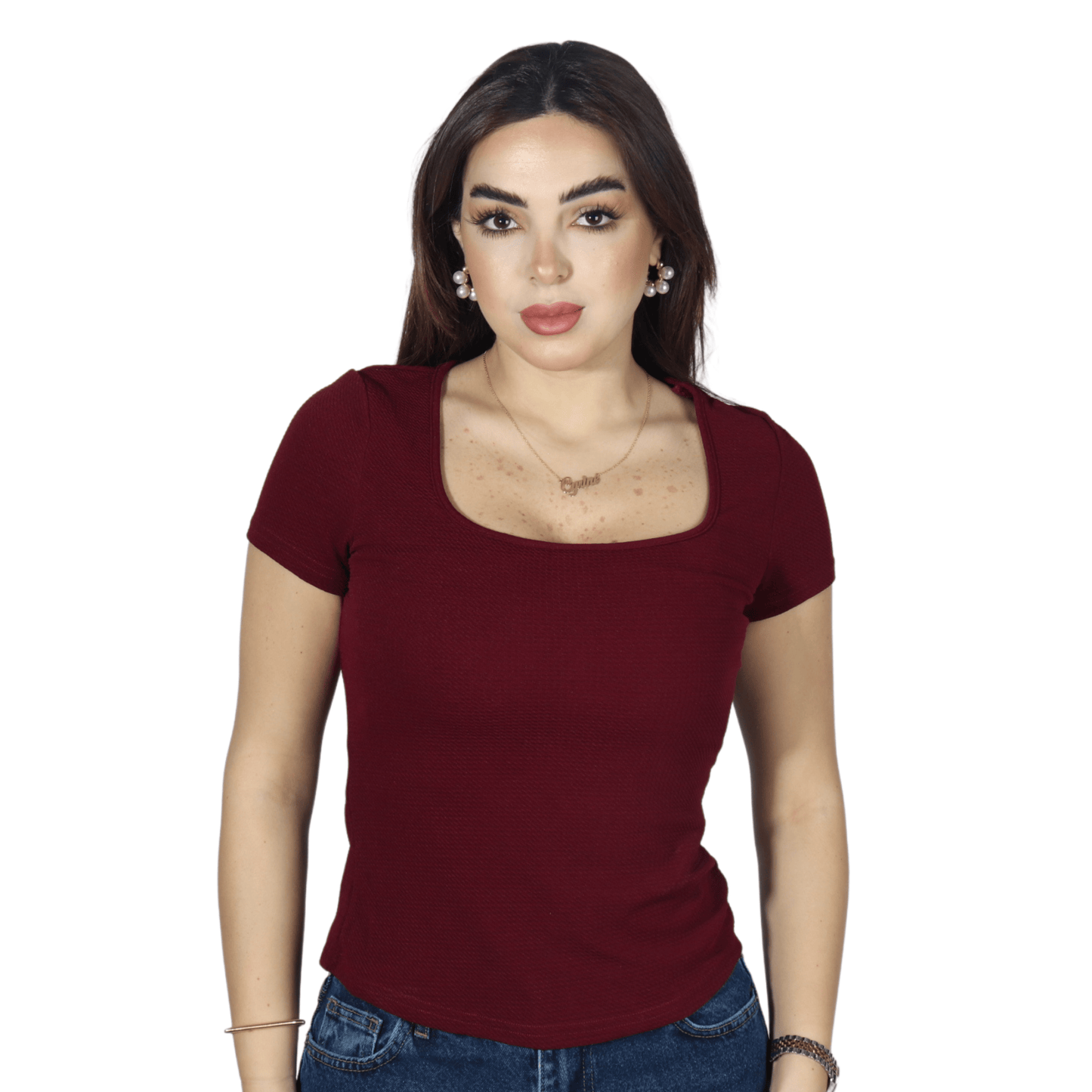 SHEIN Shein Womens Tops S / Burgundy SHEIN - Texture Design Short Sleeves