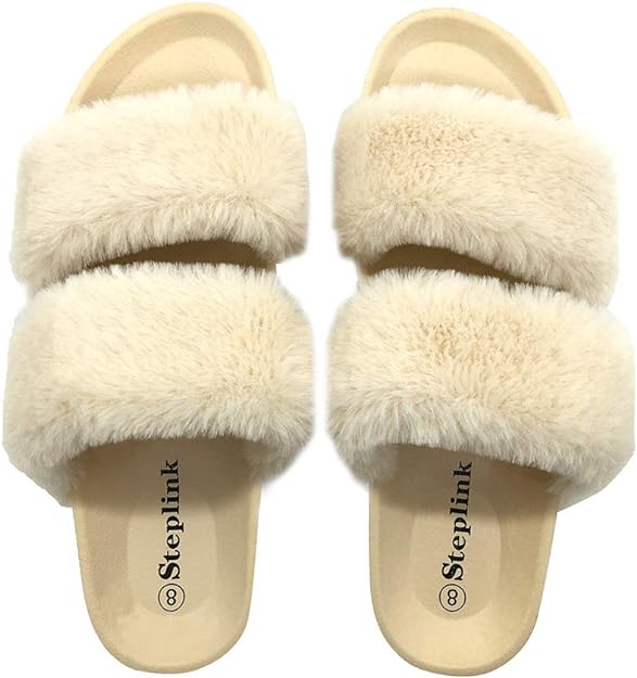 STEPLINK Womens Shoes 40 / Beige STEPLINK - Faux Fur Shiny Rhinestones, Arch Support Comfort Fuzzy Slippers