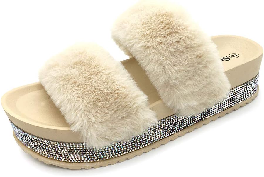 STEPLINK Womens Shoes 40 / Beige STEPLINK - Faux Fur Shiny Rhinestones, Arch Support Comfort Fuzzy Slippers