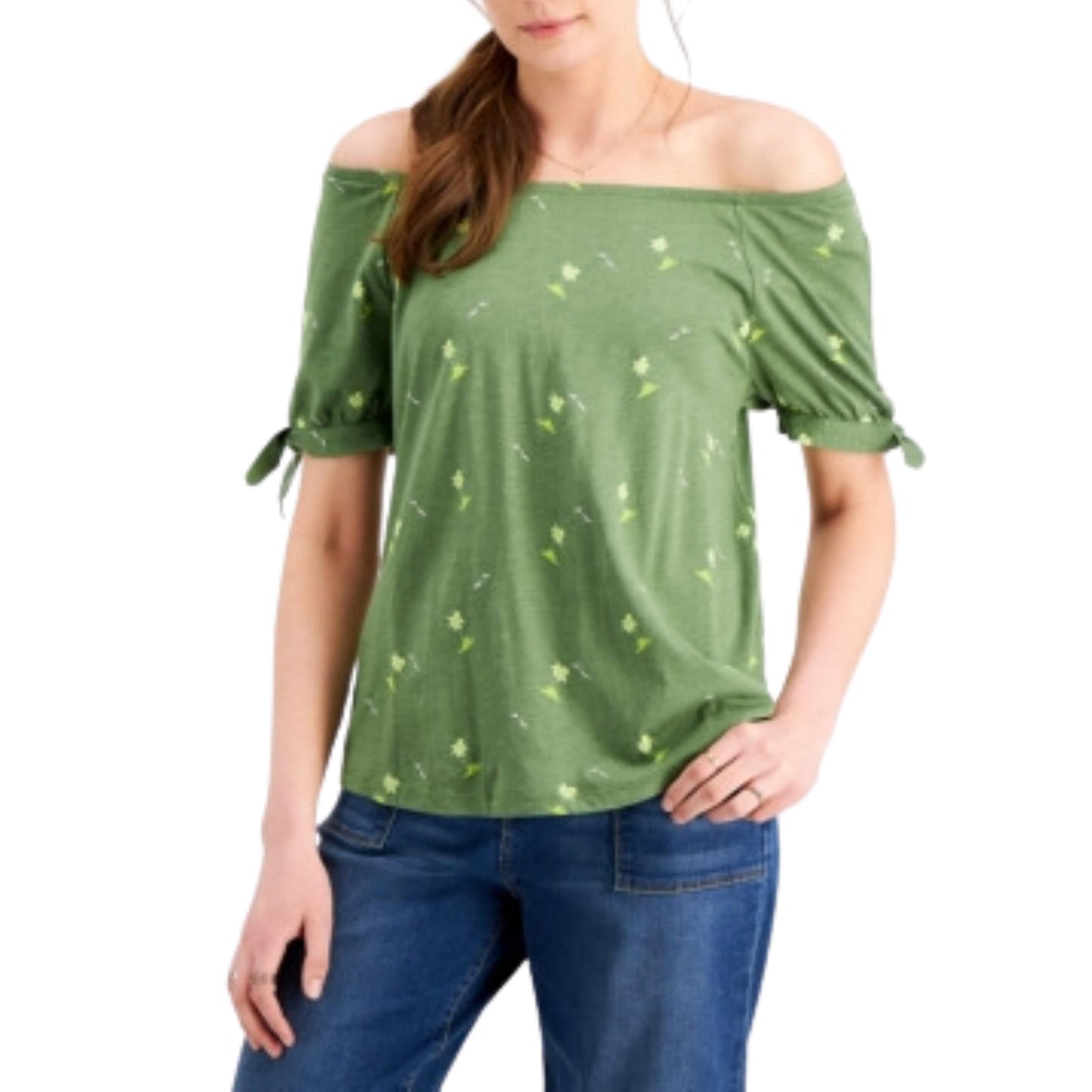 STYLE & CO. Womens Tops Petite M / Green STYLE & CO. - Printed Off-the-Shoulder Tie Sleeve Top