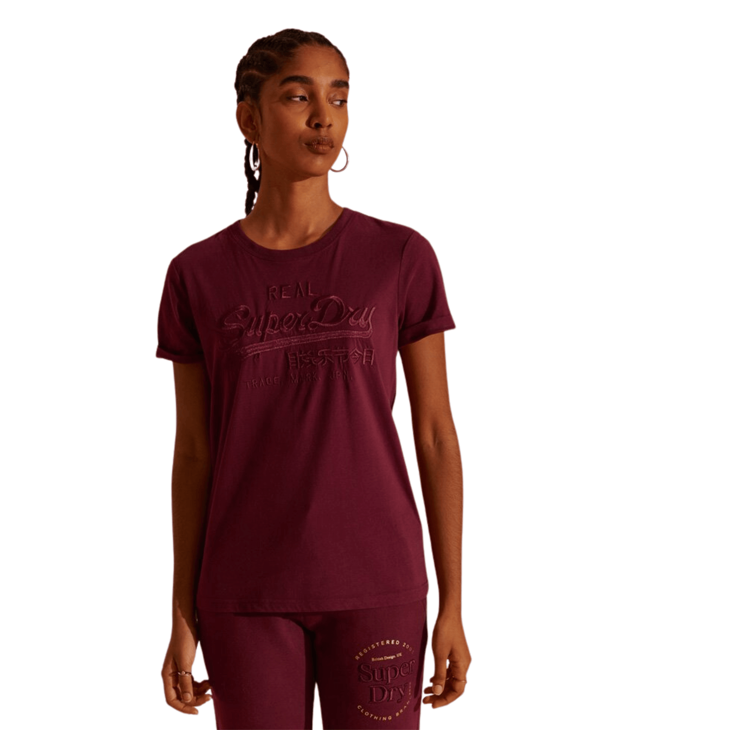 SUPER DRY Womens Tops XS / Burgundy SUPER DRY - Vintage Logo Tonal Embroidered T-Shirt