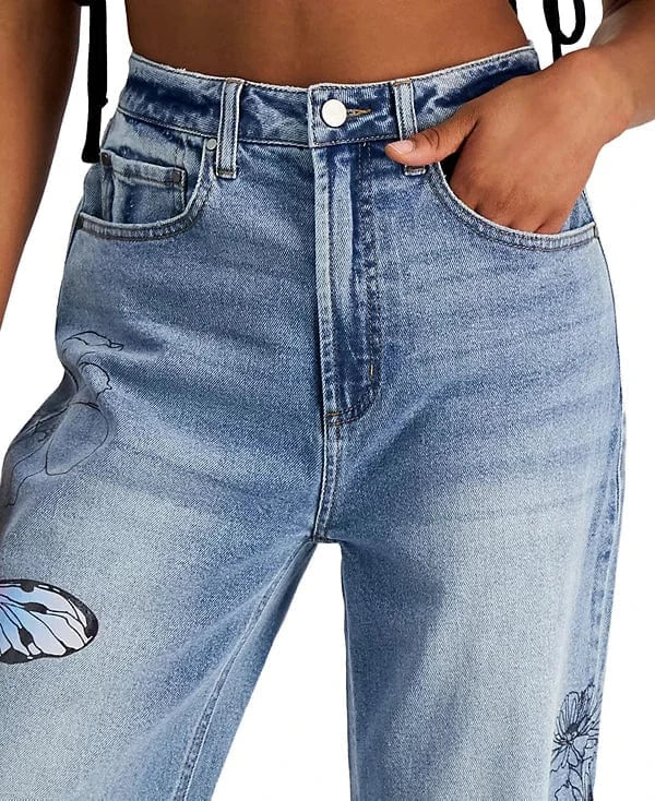 TINSELTOWN Womens Bottoms L / Blue TINSELTOWN - Graphic Ripped Wide-Leg Jeans
