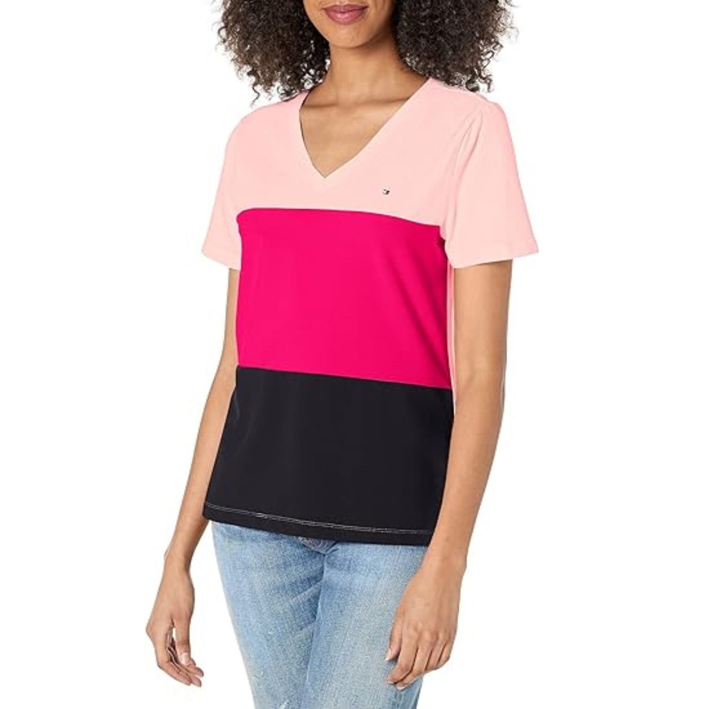 TOMMY HILFIGER Womens Tops S / Multi-Color TOMMY HILFIGER - Colorblocked V-Neck T-Shirt