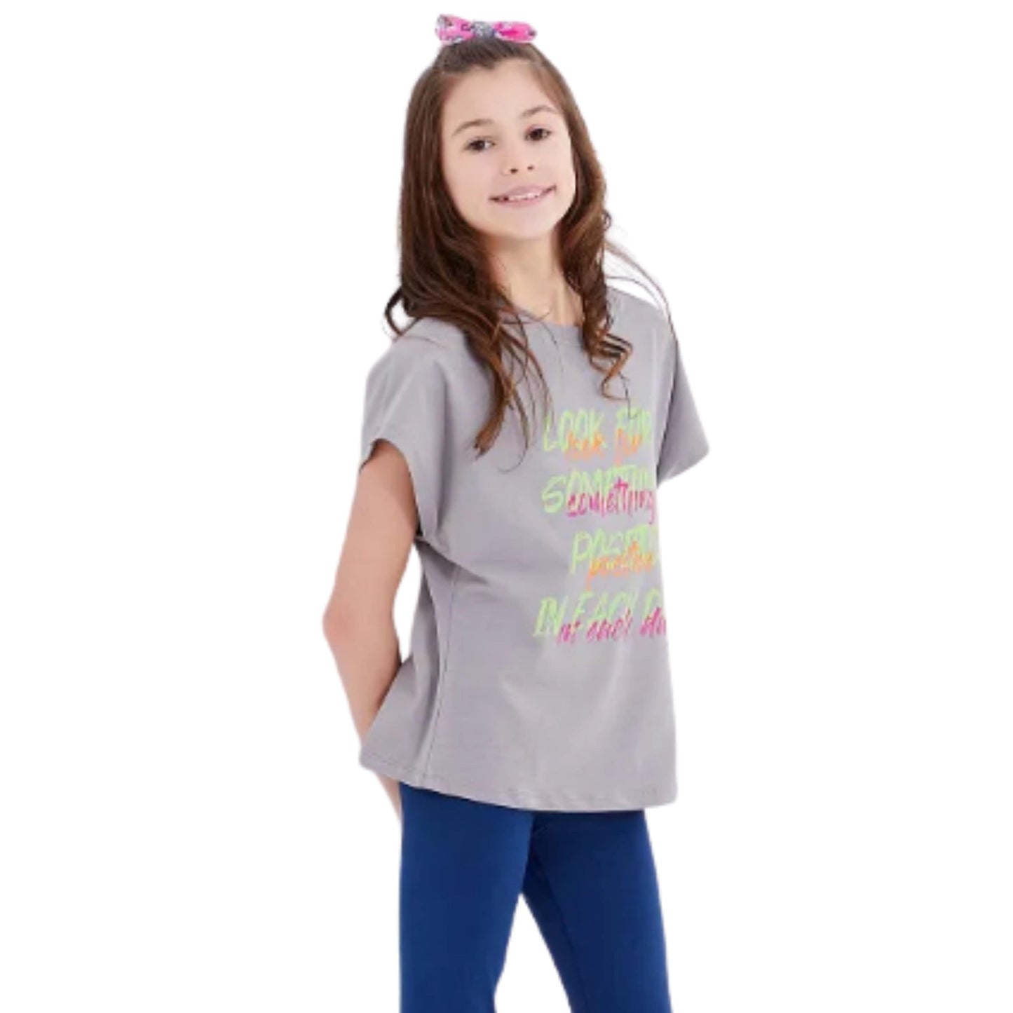 TOMMY LIFE Girls Tops S / Grey TOMMY LIFE - Colorful Letter Printed O Neck T-Shirt
