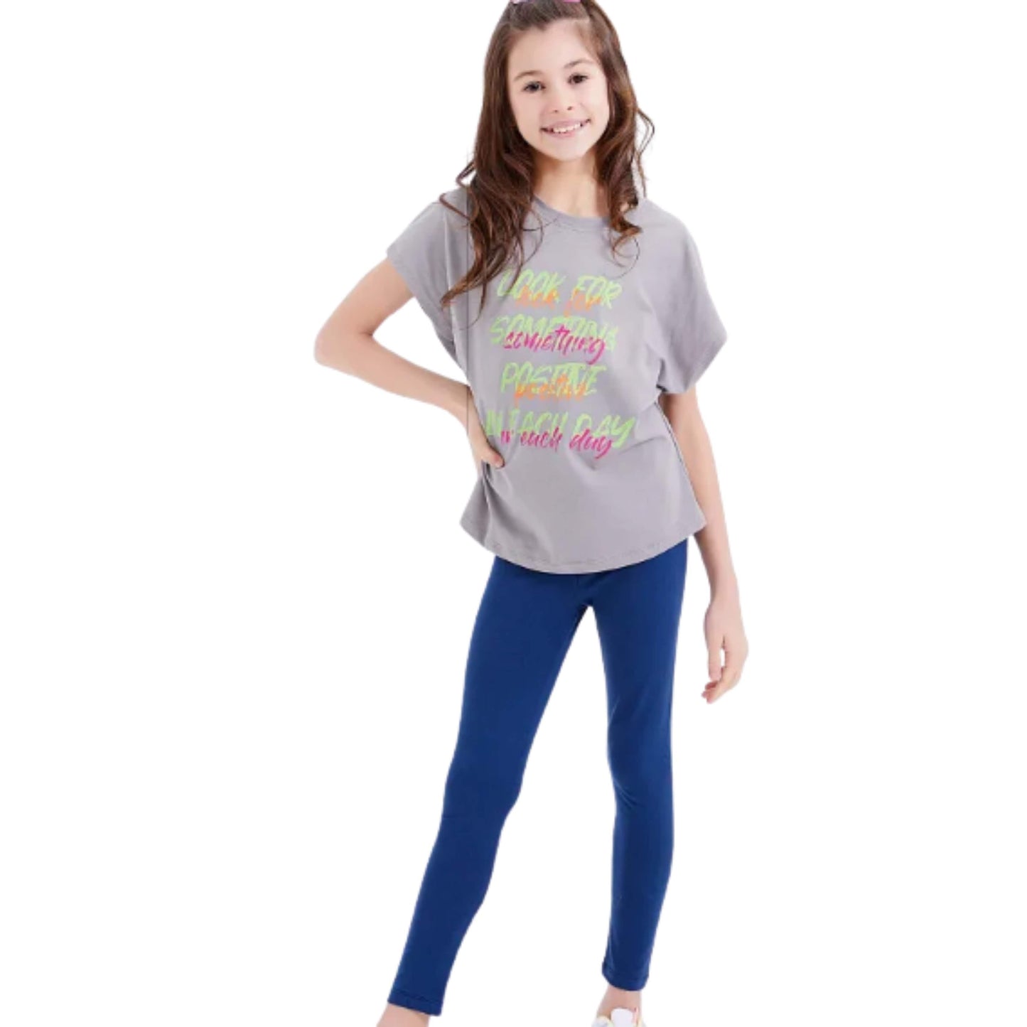 TOMMY LIFE Girls Tops S / Grey TOMMY LIFE - Colorful Letter Printed O Neck T-Shirt