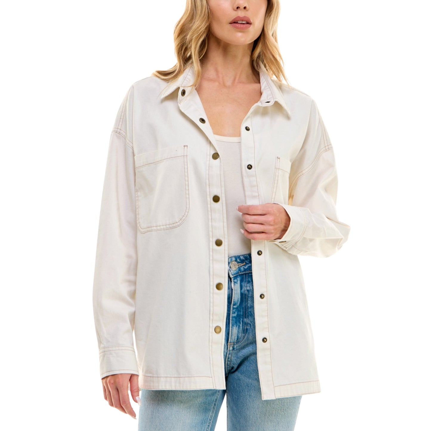ULTRA FLIRT Womens Tops S / Off-White ULTRA FLIRT - Twill Snap-Front Shacket