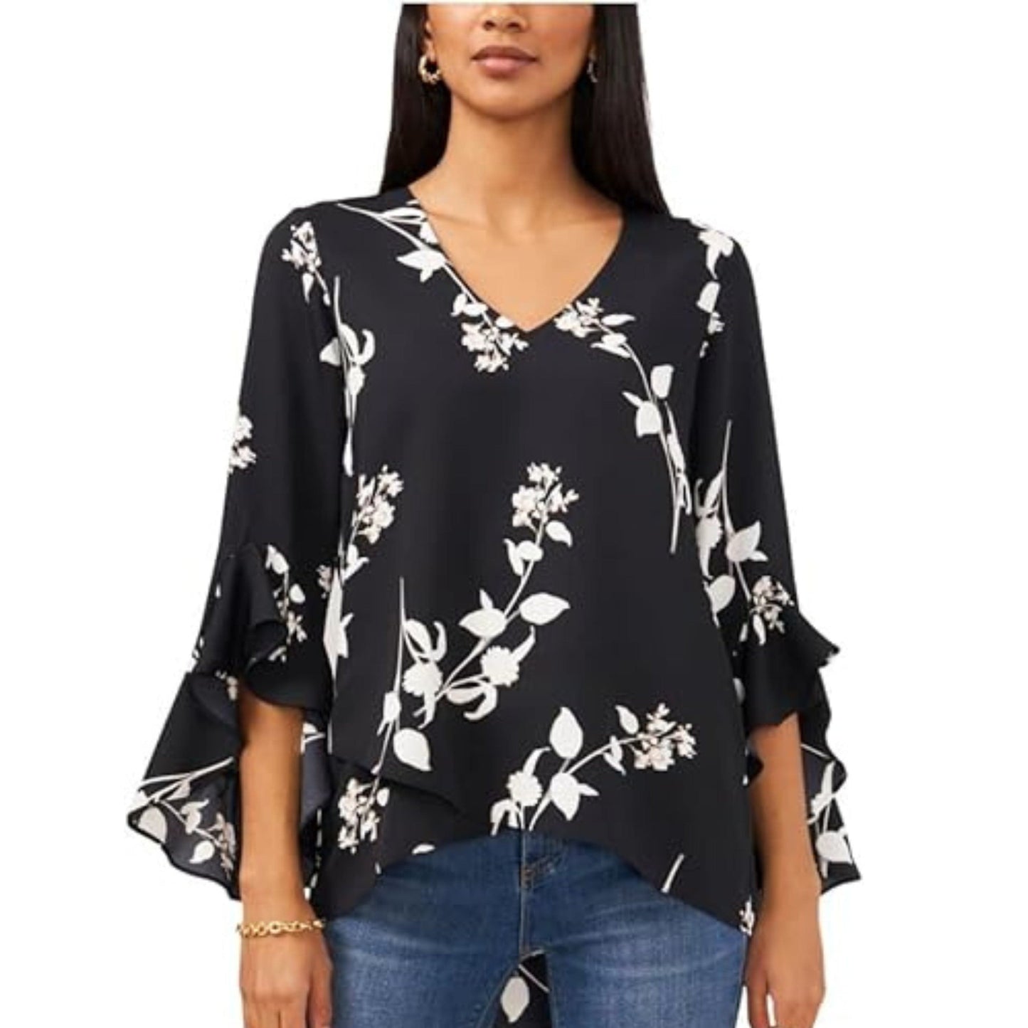 VINCE CAMUTO Womens Tops XXXL / Multi-Color VINCE CAMUTO - Flutter Sleeve V-Neck Sparse Blooms Tunic