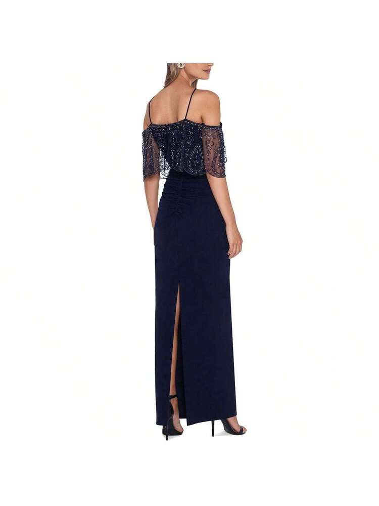 XSCAPE Womens Dress XL / Navy XSCAPE - Beaded Scuba Halter Column Gown
