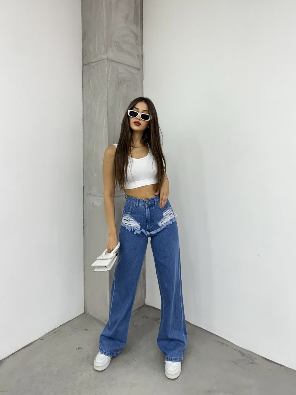 KENE - Blue Splicing Denim High Waist Fashionable