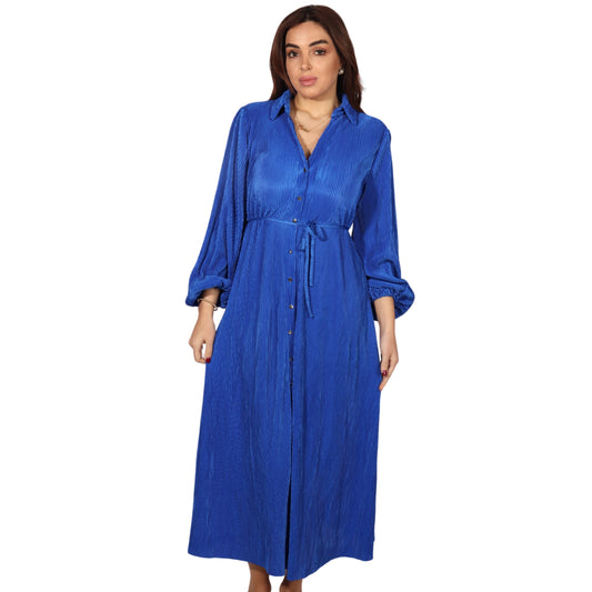 SHEIN - Button Up Bishop Sleeve Belted Shirt Midi Dress