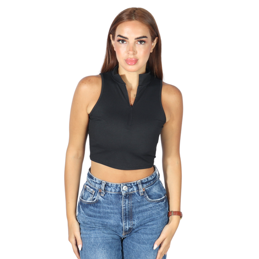 SHEIN - Half Zip Rib-knit Crop Top