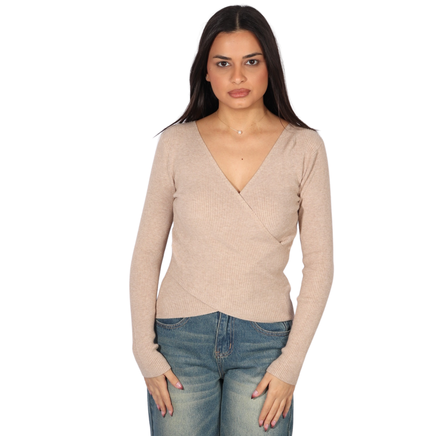 SHEIN -  Wrap V Neck Long Sleeve Cross Front Knitted Top