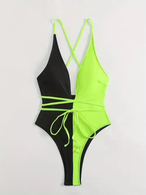 SHEIN - Colorblock wrap around one piece swimsuit