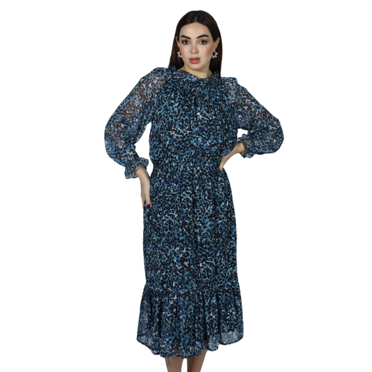 AQUA - Animal Print Tie Neck Tiered Midi Dress