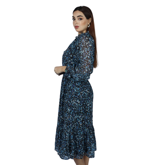 AQUA - Animal Print Tie Neck Tiered Midi Dress