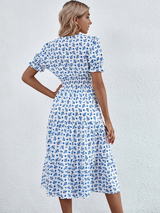 SHEIN - Floral Print Ruffle Hem Shirred A-line Dress