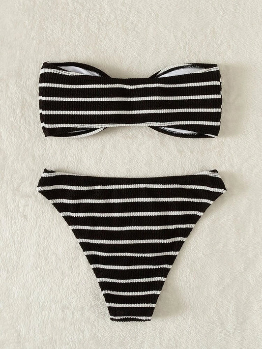 SHEIN - Swim Summer Beach Striped Textured Bandeau Bikini