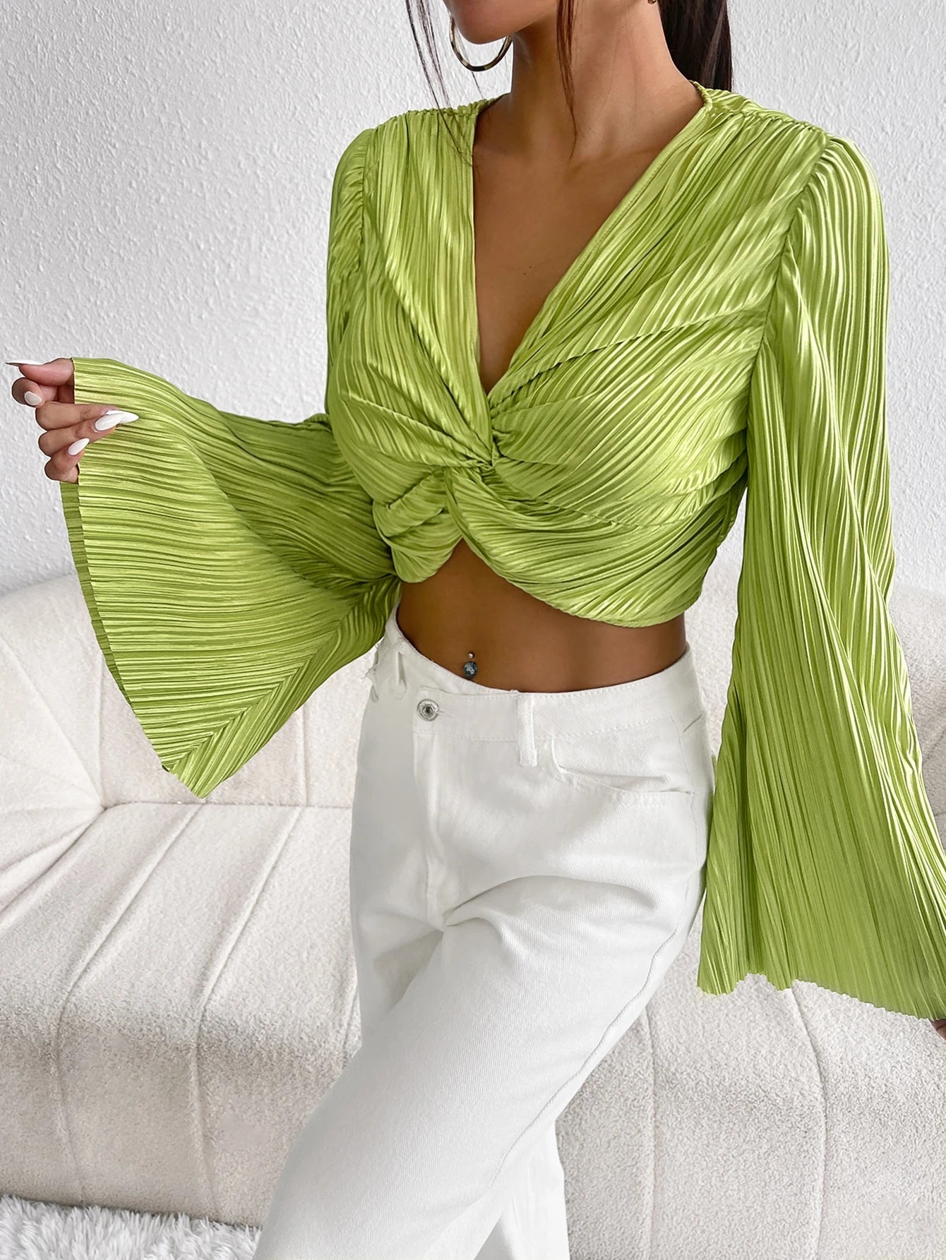 SHEIN -  Pleated Front Ruffle Sleeve Crop Top