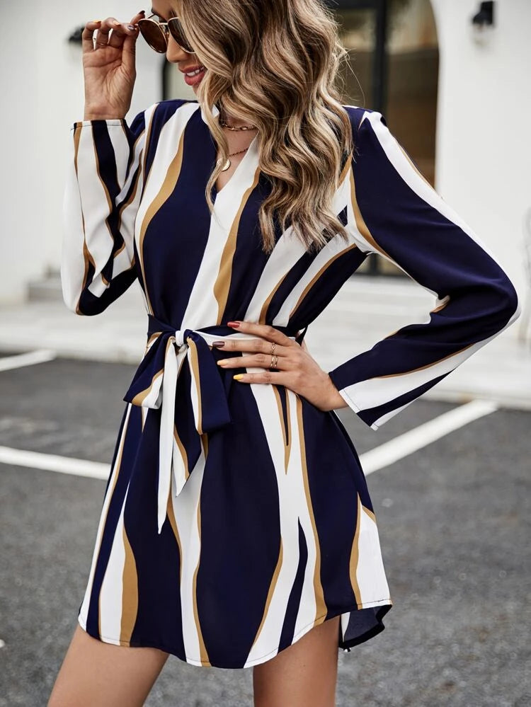 SHEIN - Color block Notched Neck Belted Dress