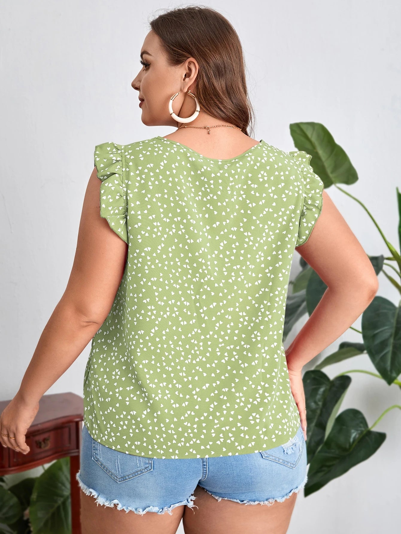 SHEIN - Confetti Heart Print Ruffle Trim Blouse