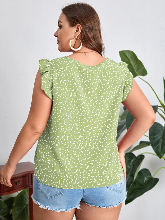 SHEIN - Confetti Heart Print Ruffle Trim Blouse