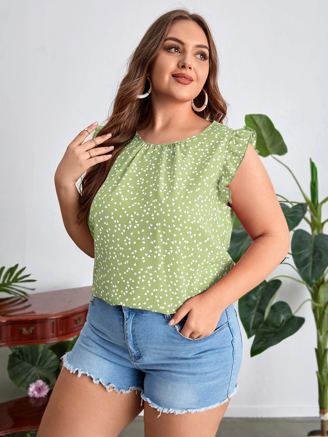 SHEIN - Confetti Heart Print Ruffle Trim Blouse