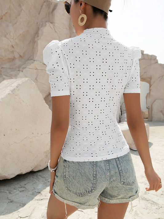 SHEIN - Eyelet Embroidery Puff Sleeve Tee