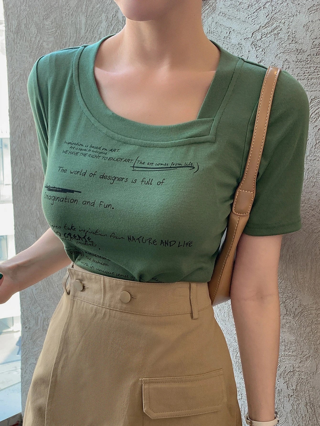 SHEIN - Slogan Graphic Asymmetrical Neck T-Shirt