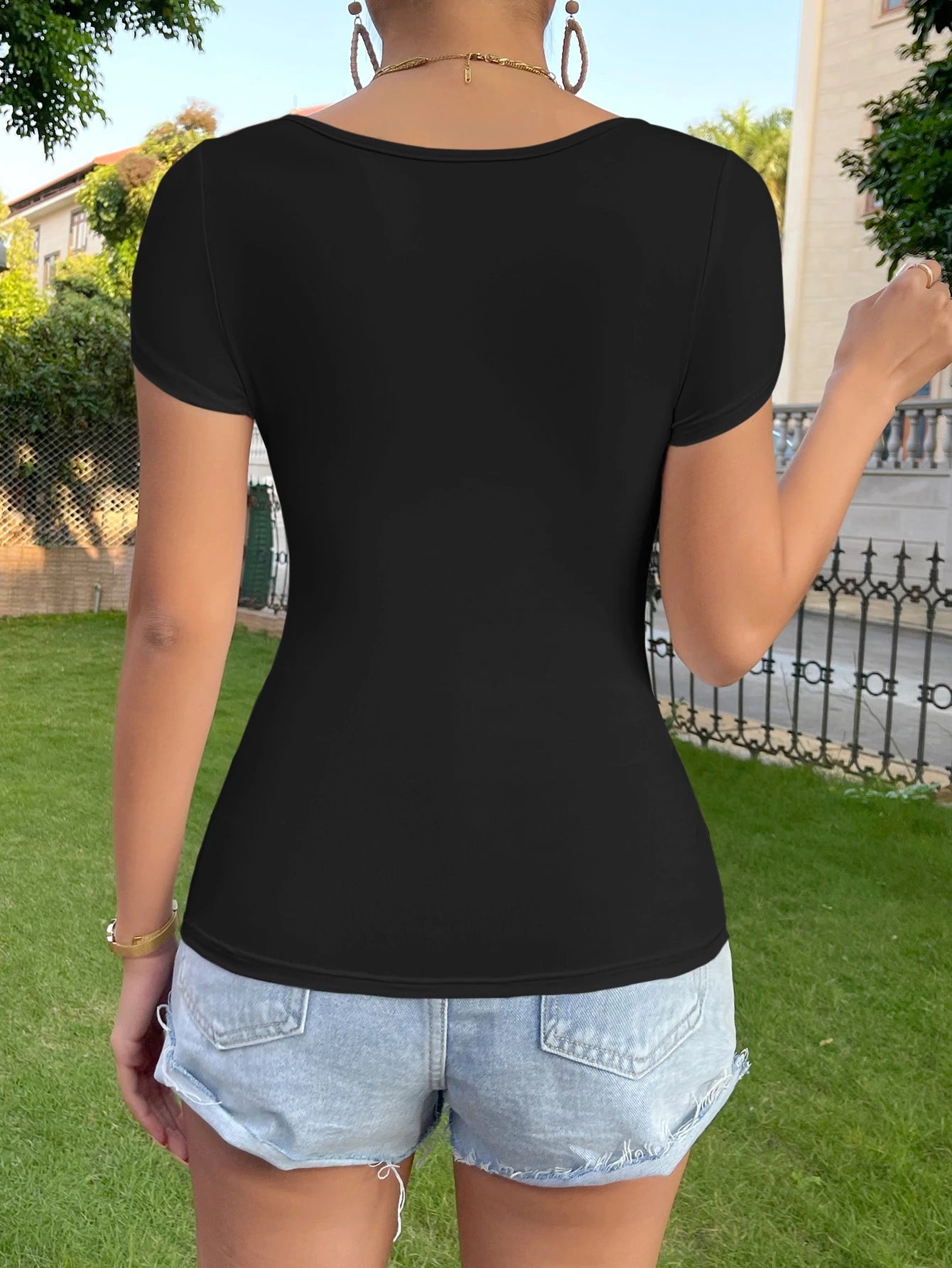 SHEIN - Solid Color Square Neck T-Shirt