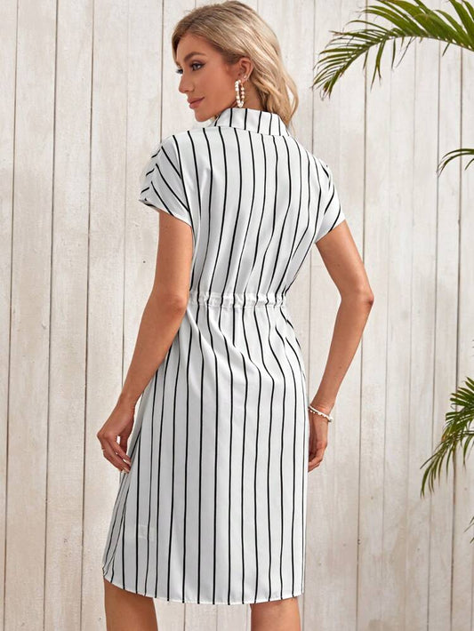 SHEIN - Striped Print Drawstring Waist Shirt Dress