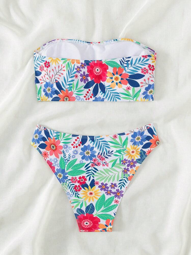 SHEIN - Beach Floral Print Bandeau Bikini Set