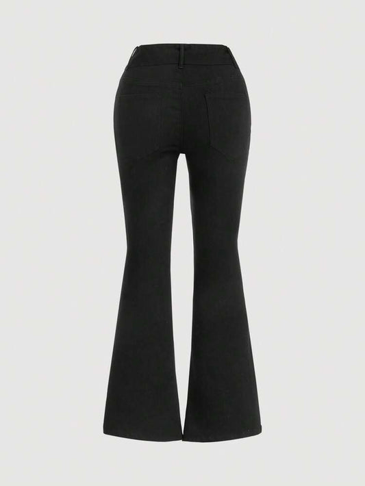 SHEIN - Grommet Eyelet Belted Flare Leg Jeans