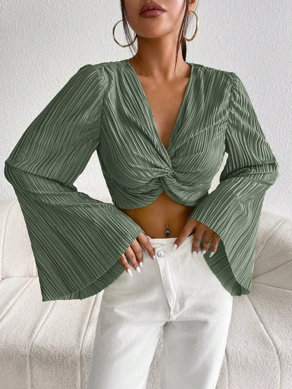 SHEIN -  Pleated Front Ruffle Sleeve Crop Top