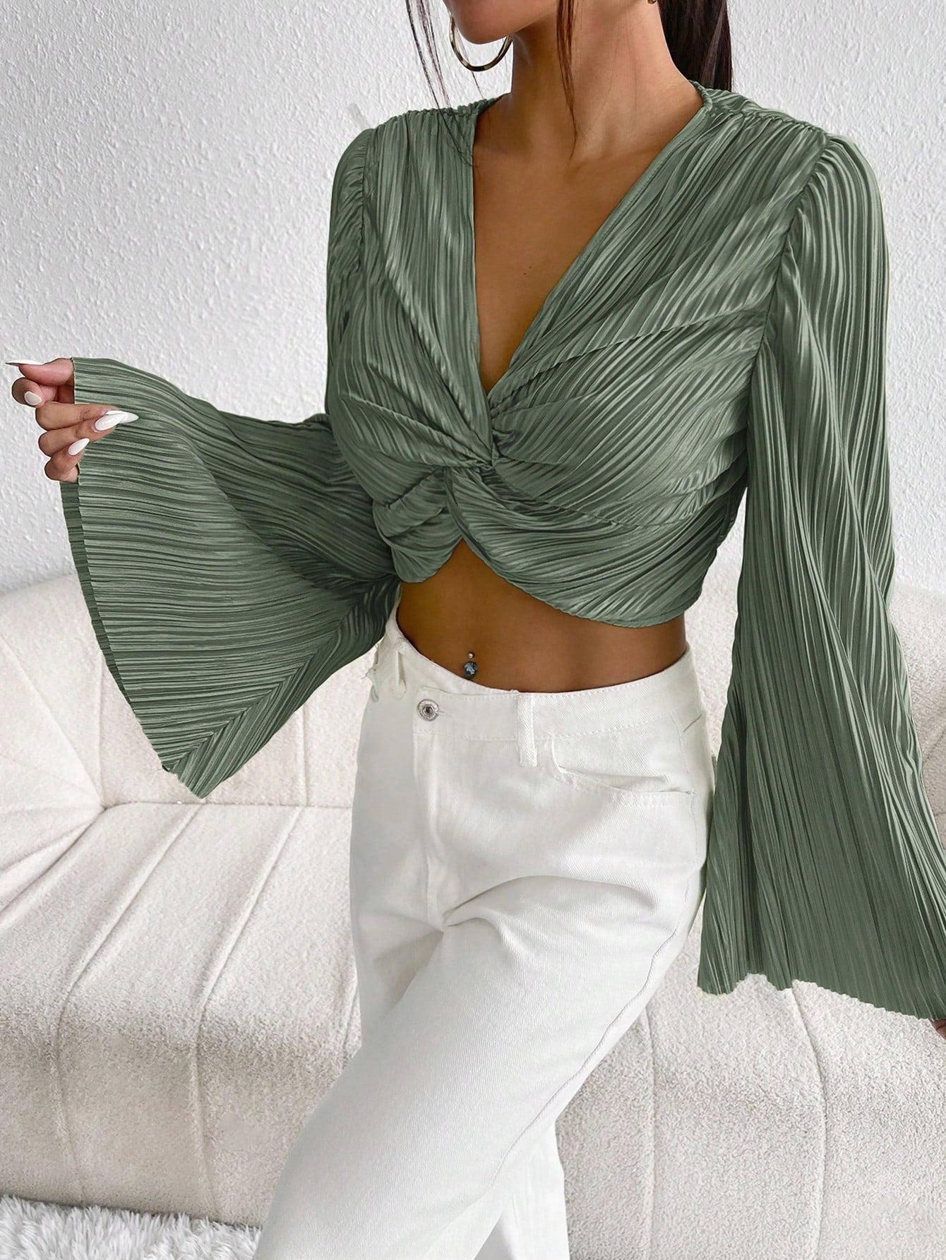 SHEIN -  Pleated Front Ruffle Sleeve Crop Top