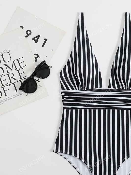 SHEIN - Striped Plunging One Piece Swimsuit