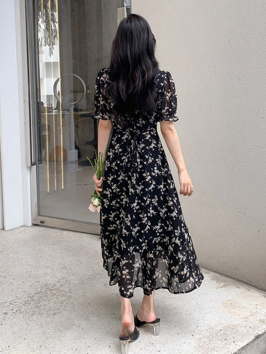 SHEIN - Floral Print Front Fringed Casual Dress