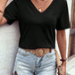 SHEIN -  V-Neck Perforated Lace Panel T-Shirt